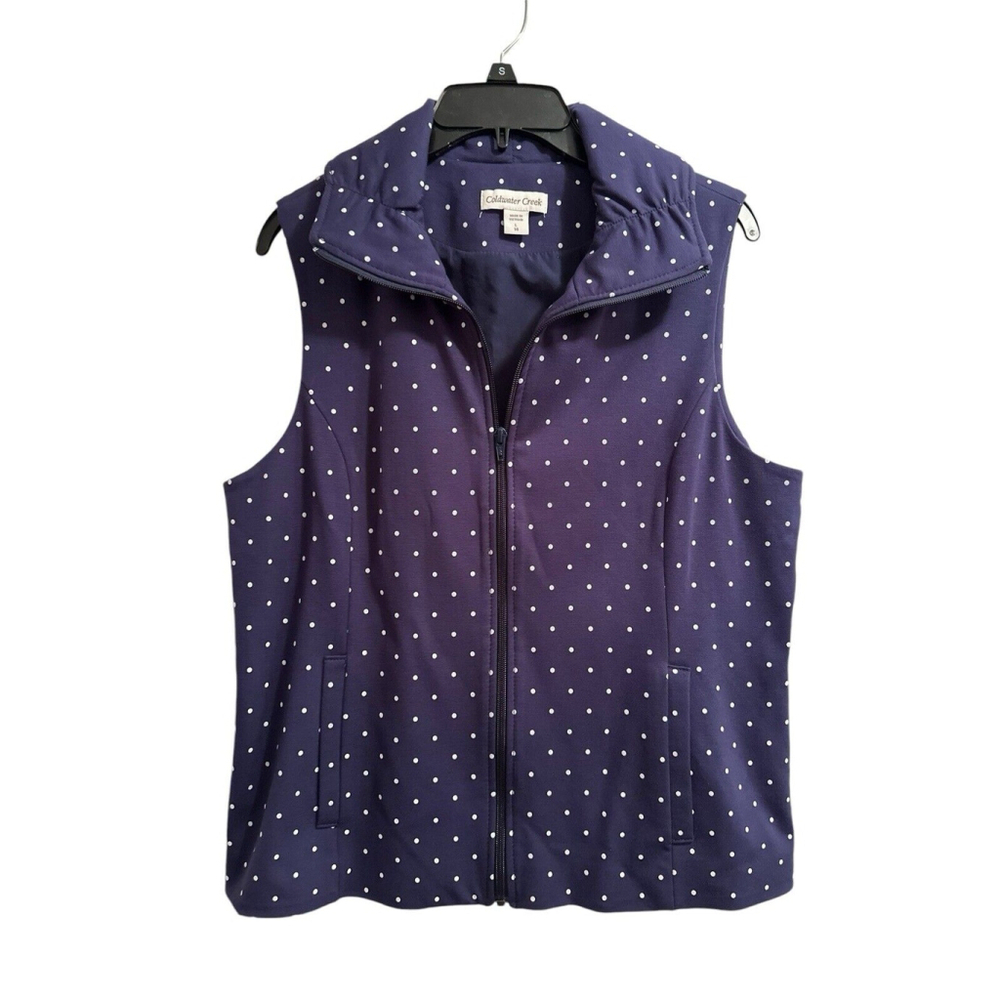 Coldwater Creek Polka Dot Lined Vest Navy Blue & White Womens Large Pockets